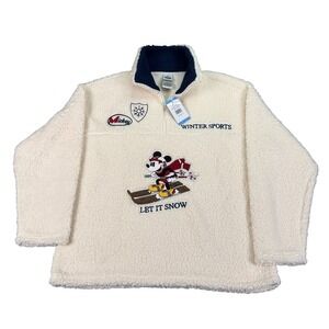 Disney Mickey Mouse Winter Sherpa 1/4 Zip Pullover Jacket Womens‎ Sz L Off-White